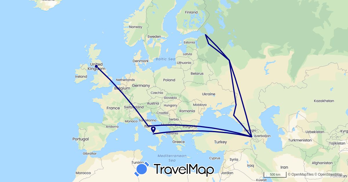 TravelMap itinerary: driving in Armenia, United Kingdom, Italy, Russia (Asia, Europe)